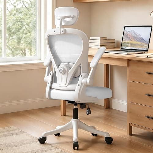 WXJHL Chaise de Bureau Ergonomique avec Soutien Lombaire Réglable, Fauteuil de Bureau avec Appui-Tête et Accoudoirs Relevables, Chaise Informatique pour Télétravail et Étude, Blanc - Image 1