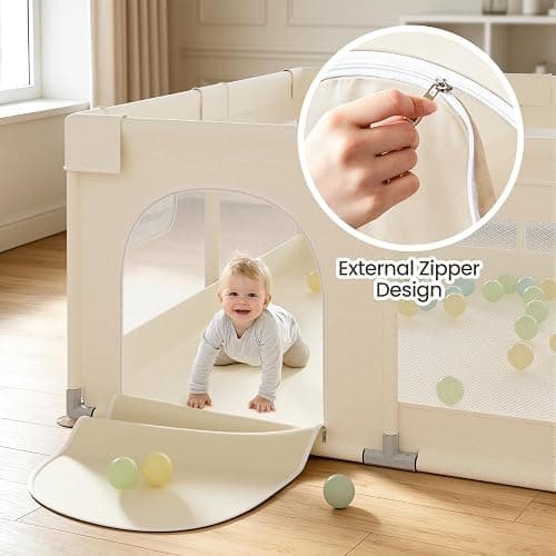 Uanlauo Beige Small Baby Playpen - 47x47in Playpen for Babies and Toddlers | Safe Indoor Play Pen, Baby Pen with Side Storage Bag and Breathable Mesh, Playard with 2 pull-up rings, Anti-slip Suction Cup thumbnail 5