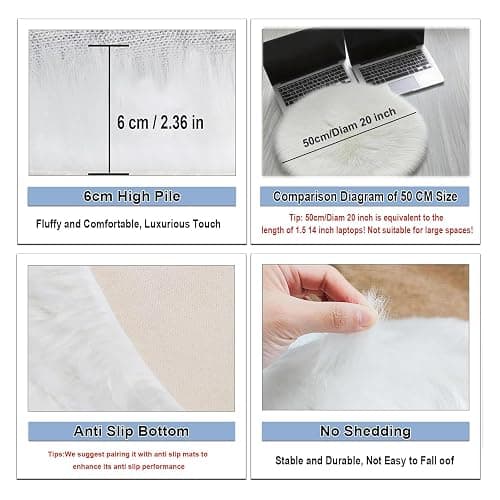 HARESLE Faux Fur Rug Round Shape Shaggy Rugs Floor Carpet for Bedroom Living Room Kids Room (White,Diam 50cm/19.6in/1.64ft) thumbnail 3