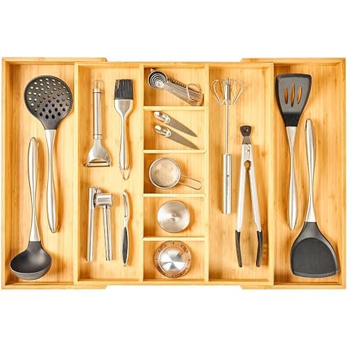 Umilife Extra Large Expandable Kitchen Drawer Organizer for Utensil and Junk, 19" Deep for Big Drawer, 17" to 28" Adjustable Bamboo Wood Drawer Divider, Cutlery Tray, Flatware Holder - Image 1