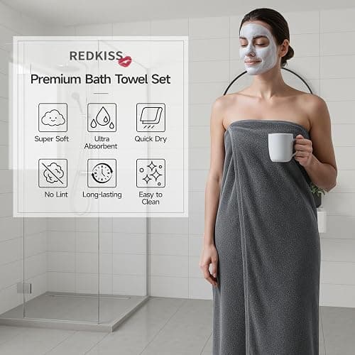 REDKISS 6 Piece Gray Bath Towels Set – 100% Cotton Towels Set for Bathroom, Hotel Collection | 700 GSM, Absorbent & Quick-Dry Towel Sets with 2 Bath Towels, 2 Hand Towels, 2 Washcloths, Gray Towels thumbnail 4