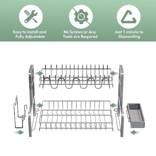 2 Tier Dish Drainers Drying Rack for Kitchen Counter Large Stainless Steel Dishes Drain with Drainboard, Space Saving, Big Modern Silver Countertop Metal Plates Dryer Strainer Holder and Extra Tray thumbnail 5