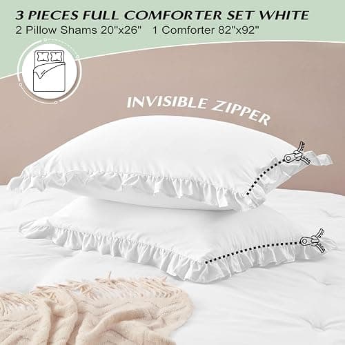 HARBOREST Full Comforter - White Ruffle Comforter for Full Size Bed, Fluffy Comforter Set for All Seasons, 3 Pieces Shabby Chic Bedding Set(1 Comforter & 2 Pillow Shams) thumbnail 6