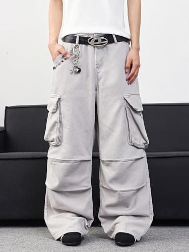 DFGIGT Mens Denim Baggy Pants with Cargo Pockets Mid Weight Casual Streetwear Wide Leg Jeans Hip Hop Skater Trousers thumbnail 2