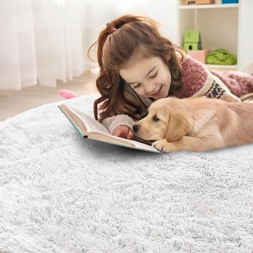 OLANLY White Round Rugs for Bedroom - Machine Washable, 4 ft Circle Area Rugs for Living Room, Soft and Fluffy Shaggy Carpet for Teen Girls and Boys, Nursery Rooms, Dorms, Home Decor Aesthetic thumbnail 4