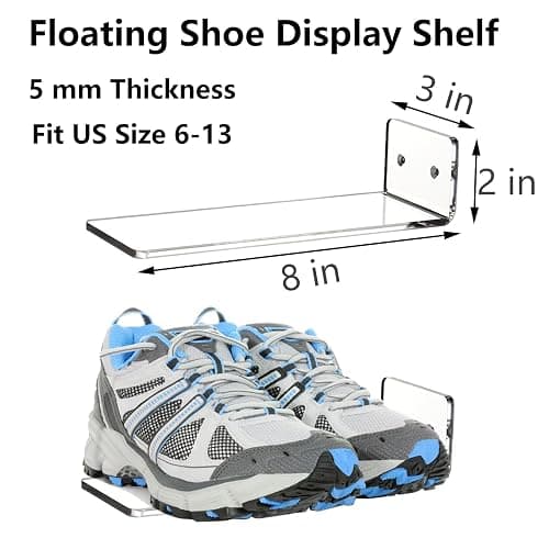 Youeon 8 Pack Floating Shoe Display Shelf, 8 x 3 Inch Acrylic Shoe Shelf for Wall, Floating Sneaker Shelves, Hanging Shoe Shelves for Bedroom, Gaming Room, Sneaker Collection, Easy to Install thumbnail 3