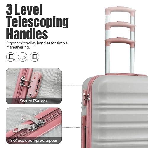 LONG VACATION 6 Piece Luggage Set Carry on Suitcase with ABS+PC hardshell, Spinner Wheels & YKK Zipper TSA Lock (GREY-PINK, 6 piece set) thumbnail 4