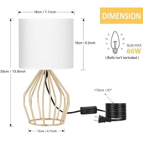 HAITRAL Gold Table Lamp - Modern Style Desk Lamp with Hollowed Out Base Linen Fabric Shade, Small Golden Bedside Lamp for Bedrooms, Living Room thumbnail 4