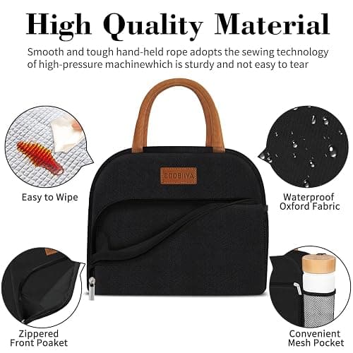 Coobiiya Lunch Box Lunch Bag for Women Men,Reusable Cute Lunch Pail bag,Leakproof,Insulated LunchBox Tote Compact 10L, Cooler Lunch Container for Work Travel Office (Black) thumbnail 5