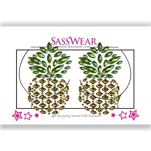 Sasswear Pineapple Jeweled Nipple Pasties, Pasties for Women, Crystal Rhinestone Nipple Cover Pasties for Festivals and Raves, Pasties for Swingers Gold thumbnail 4