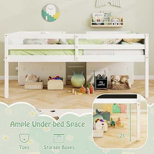 KOMFOTT Twin Size Low Loft Bed, Kids Loft Bed Frame with Movable Storage Shelves, Chalkboard & Ladder, Solid Wood Twin Bed with Under-Bed Play Area for Kids, Boys & Girls, No Box Spring Needed, White thumbnail 8