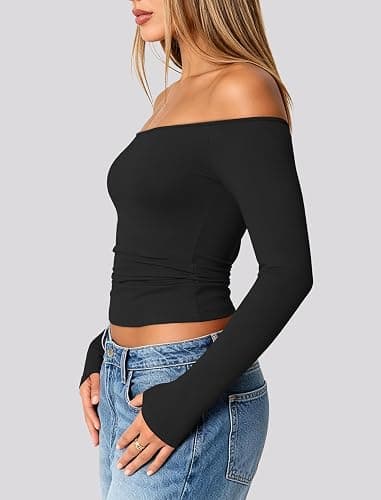 Matunana Womens Off The Shoulder Tops Going Out Long Sleeve Y2k Cute Shirts | Sexy, Boat Neck, Slim Fit, Date Night, Fall Clothes, Fashion, Trendy, Casual, Concert Outfits thumbnail 4