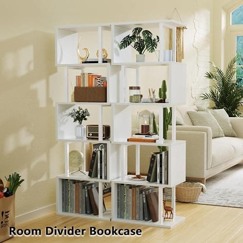 Furologee White Geometric Bookshelf 6 Tier S-Shaped Bookcase, Tall Modern Display Storage Shelf, Metal and Wood Decorative Freestanding Room Divider Shelves for Bedroom, Living Room, Office thumbnail 6