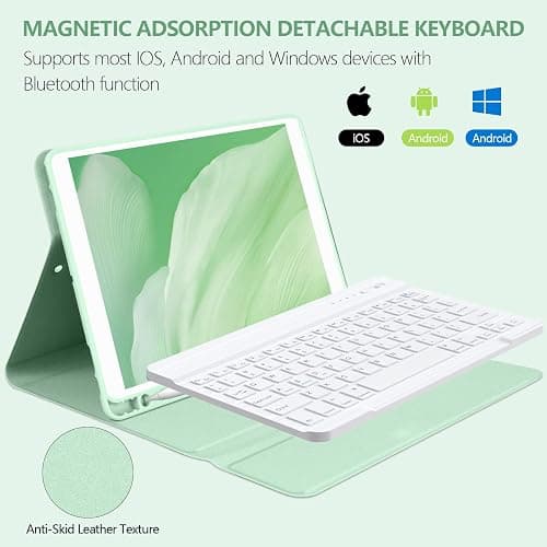 BQSS for iPad 9th Generation Case with Keyboard 10.2 inch, Wireless Detachable Keyboard for iPad 9th/8th/7th, for iPad Air 3rd Gen/Pro 10.5 inch Flip Stand Case with Built-in Pencil Holder (Green) thumbnail 3