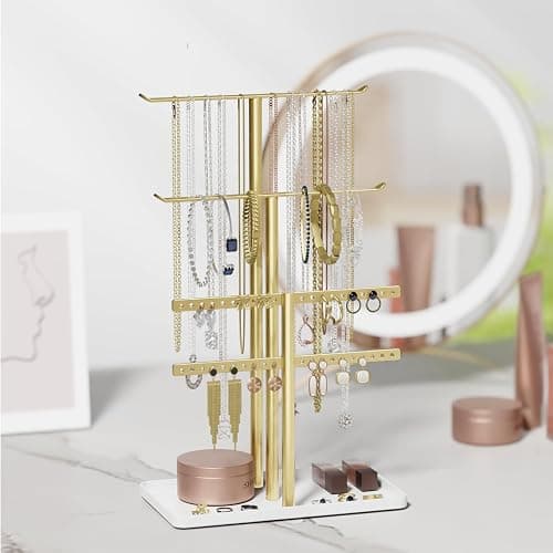 Jewelry Stand Organizer, 32cm Tall Sturdy Metal, 3-Tier Jewelry Holder for Necklace, Earring, Bracelet, Ring, Hanger for Display and Storage, Aesthetic Room Decor, Gold Jewlery Stand with White Tray thumbnail 2