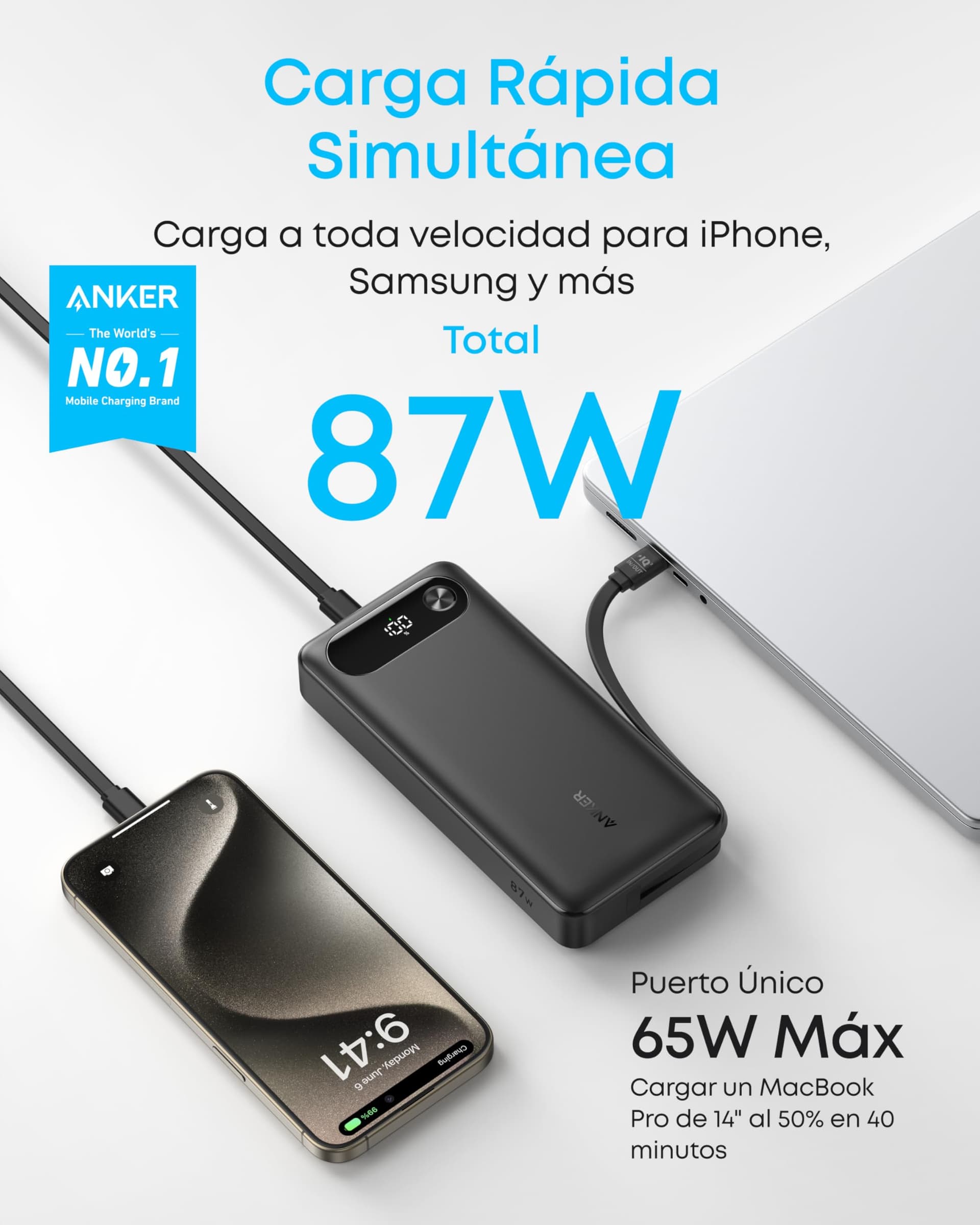 Anker Power Bank 20,000mAh, batería portátil para Viajes con Cable USB-C Integrado, Carga rápida 87W con 3 Puertos, Compatible con MacBook, iPhone 16/15, Samsung, Switch y más thumbnail 2