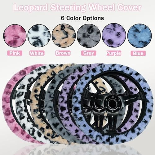 Muamos Leopard Steering Wheel Cover with Keychain, Elastic Fuzzy Fur Cheetah Car Steering Wheel Protector Women Girl Car Accessories Universal Fit 15 inch Fit Auto, Suvs, Truck- Pink thumbnail 3