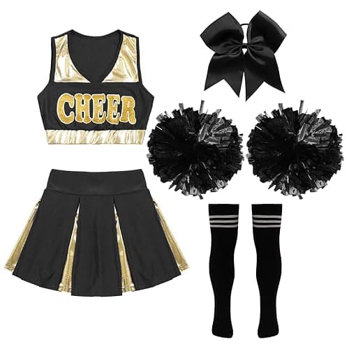 FEESHOW Girls Shiny Cheer Leader Costume Uniform Cheerleading Dance Dress Halloween Party Complete Outfits with Pompoms thumbnail 3
