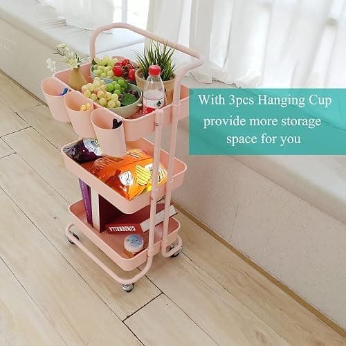 Lontenrea 3-Tier Multifunction Rolling Cart Utility Storage Shelves Cart with Hanging Cup Lockable Wheels and Handle for Office Living Room Kitchen Bathroom (Pink) thumbnail 7