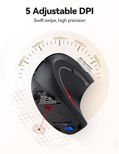 TechRise Ergonomic Mouse, 4800 DPI Wireless Vertical Mouse, 2.4G Optical Computer Mouse with 5 Adjustable DPI, Silent Mouse with 6 Ergo Buttons for PC/Laptop/Mac, Black thumbnail 3