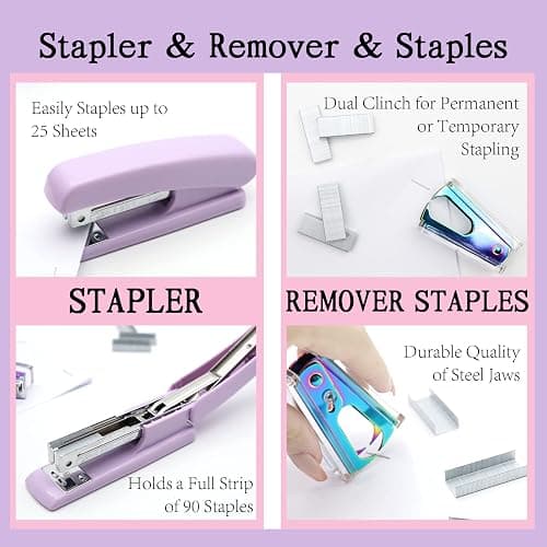 Purple Office Supplies Set, UPIHO Stapler and Tape Dispenser Set, Office Desk Accessories Kit with Stapler, Tape, Remover, Staples, Clips, Scissor and Tabs for Women, Clerks… thumbnail 5