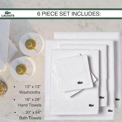 Lacoste Heritage Supima Cotton 6-Piece Towel Set, 2 Bath Towels, 2 Hand Towels, 2 Washcloths, White – Highly Absorbent & Quick Drying, Bathroom Essential, Machine Washable thumbnail 3