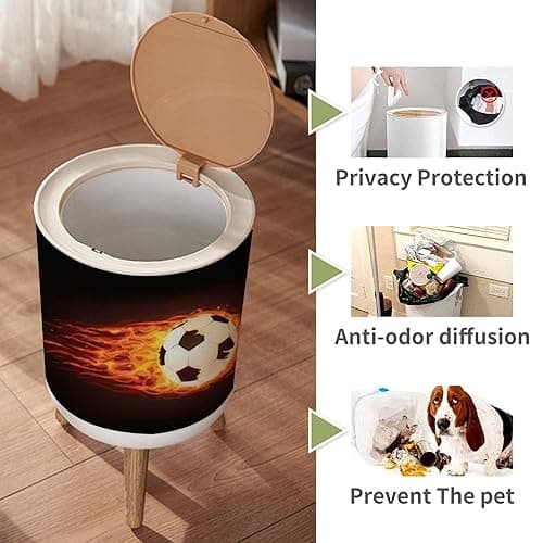 IBPNKFAZ89 Small Trash Can with Lid Soccer Ball in Fire Isolated on Black Garbage Bin Wood Waste Bin Press Cover Round Wastebasket for Bathroom Bedroom Office Kitchen thumbnail 5