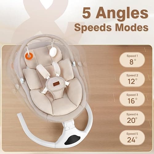 Baby Swing, Electric Infant Swing with Remote Control, 5 Speed Adjustable, Machine Washable Cushion, 5 Point Safety Harness, Bluetooth Music, Portable Baby Swing (Beige) thumbnail 5