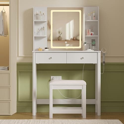 ProsperHaven Vanity Desk with Mirror and LED Lights, Small Makeup Vanity Table Set with Drawers and Chair, Dressing Table with Power Outlet for Girls Bedroom, White thumbnail 7