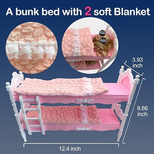 Dolls Clothes and Accessories, Bunk Bed Playset, 2 Pajamas, 2 Fashion Dresses, 2 Clothing Outfits, Bedroome Set for 11.5 inch Dolls, with 2 Blankets thumbnail 3