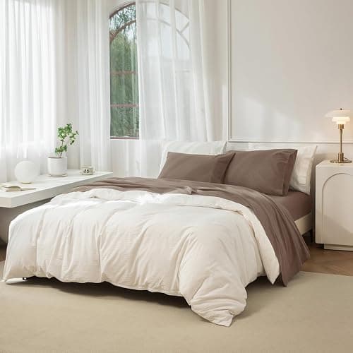 JIYUAN 100% Washed Cotton Sheet Set 4 Pieces King,1 Fitted Sheet,1 Flat Sheet and 2 Pillowcases,Comfy and Breathable Linen Like Bedding Set,Light Brown thumbnail 2