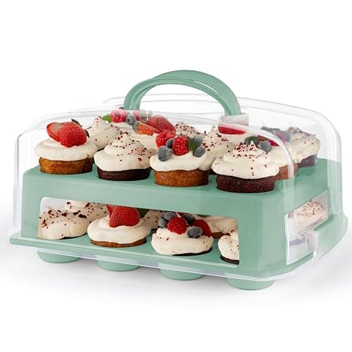 Cupcake Carrier, Green Cupcake Holder Carries 24 Count Standard-Size Cupcakes, Muffin Traveler Two Tier Stand Reusable Cupcake Box - Green - 24 Cupcake Carrier - Image 1