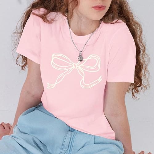 Weripoah Bow Oversized Shirts for Girls Graphic Cute Shirt for Teen Preppy Aesthetic Tshirt Girls' Summer Casual Coquette Top thumbnail 5