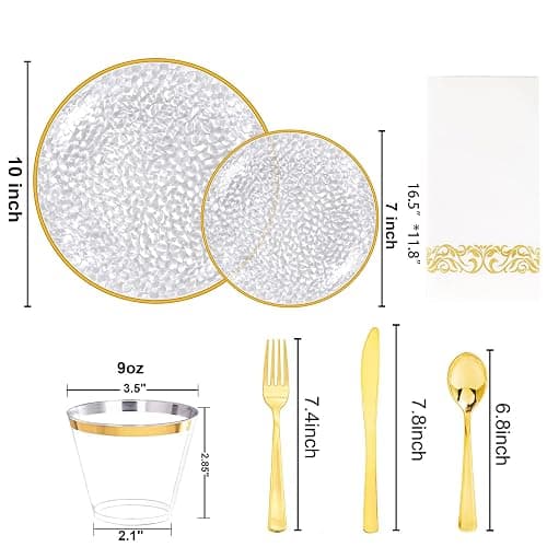 Rubtlamp 350 Pcs Clear Gold Plastic Plates, Hammered Disposable Dinnerware, Clear-Gold Plates Set Include 100 Plastic Platos, 150 Gold Disposable Silverware, 50 Cups And 50 Napkins for Party thumbnail 3
