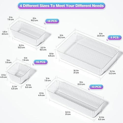 47 PCS Clear Plastic Drawer Organizer Set - 4 Sizes Makeup Organizer Desk Drawer Divider Bathroom Organizers and Storage Bins for Makeup, Jewelry, Gadgets, Office, Kitchen, Bedroom, Bathroom thumbnail 2