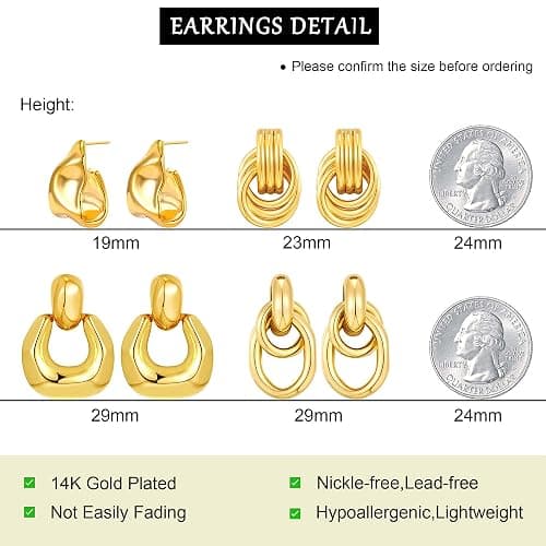LANDOOK 4 Pairs 14K Gold Plated Dangle Earrings for Women Knot Teardrop Chunky Gold Statement Drop Earrings for Women Trendy Jewelry Gifts thumbnail 6