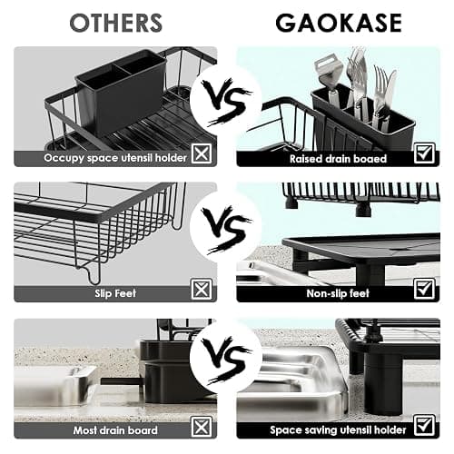 GAOKASE Dish Drying Rack, Stainless Steel Space-Saving Dish Rack, Dish Racks for Kitchen Counter, Kitchen Dish Drainers with Removable Utensil Holder,New Drain Outlet,Plate Rack and Drainboard, Black thumbnail 3