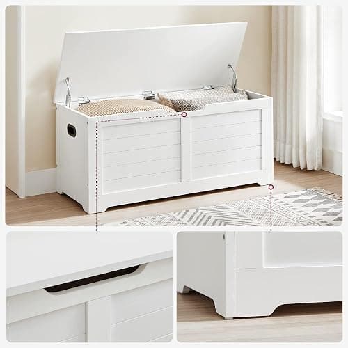 VASAGLE Storage Chest, Storage Bench with 2 Safety Hinges, Farmhouse Style, 15.7 x 39.4 x 18.1 Inches, for Entryway, Bedroom, Living Room, Cloud White ULSB061T10 thumbnail 9