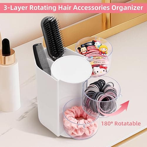 neotidy Hair Accessories Organizer with Hair Brush Holder, Rotating Hair Tie Product Organizer for Girls, 3-Tier Makeup Brush Holder for Clips, Bows & Brushes (White, 3-Tier) thumbnail 6