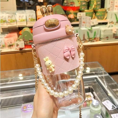 TULDYS Kawaii Water Bottle, 20 oz 580ml Rabbit Water Glass with Pearl Chain Strap, 3D Stickers Cute Aesthetic Bottle for girls for outdoor (Pink) - Image 1