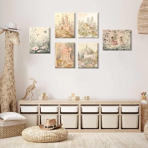 Vintage Fairy Nursery Wall Art Baby Girl Room Canvas Wall Decor Magic Forest Poster Fantasy Fairytale Prints Nursery Antique Magical Picture Flower Painting for Bedroom 8x10 Inch Ready to Hang 6Pcs thumbnail 3