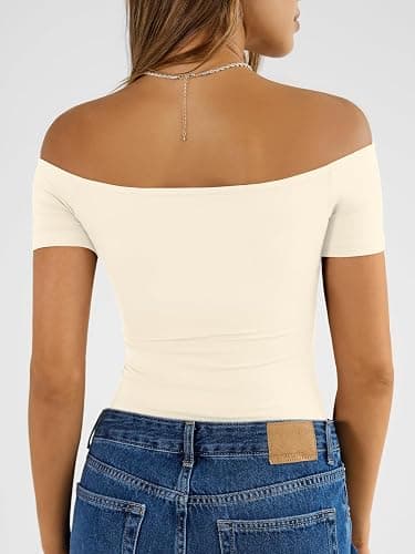 Trendy Queen Summer Off The Shoulder Tops for Women Going Out Short Sleeve Shirts Cute Y2K Sexy Basic Clothes 2026 Fashion thumbnail 4