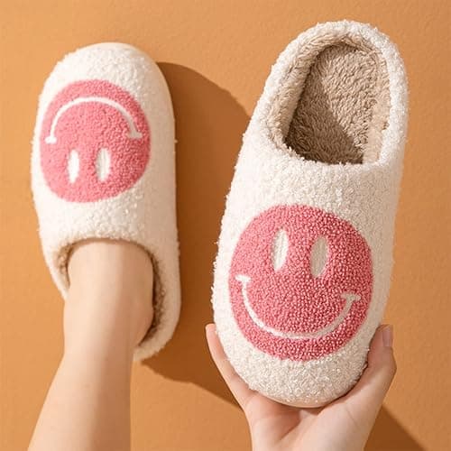 Bevaney Smile Face Slippers for Women - Soft Plush Retro Preppy Slip-on Comfortable Indoor/Outdoor Shoes - 3.5-4.5 Women/3-4 Men - Pink thumbnail 2