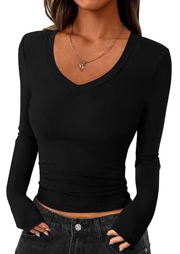 PRETTYGARDEN Womens Long Sleeve T Shirts 2025 Fall Trendy Deep V Neck Slim Fit Basic Crop Tops Casual Going Out Top - Image 1