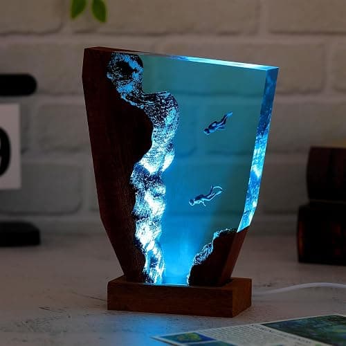 Drawelry Ocean Creative Epoxy Resin Wood Light Lamp, Handmade Multi Color Aquatic Ocean Lamp Deep Sea Diver Cave Diving Enthusiasts Led Night Light Desktop Decor Christmas Birthday Gift (Diving, S) - Image 1