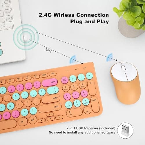 Wireless Keyboard and Mouse Combo, Retro Typewriter Keyboard with Round Keycaps, 2.4GHz USB Cute Wireless Keyboard Mouse for Computer, Desktop, Laptop and Computer (Orange Colorful) thumbnail 2