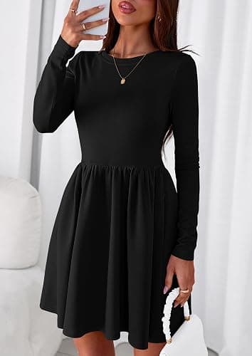 PRETTYGARDEN Women's Long Sleeve Mini Dresses 2025 Fall Casual Crewneck Pleated A Line Party Cocktail Short Dress with Pocket thumbnail 4