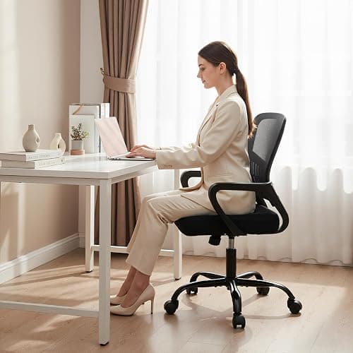 DUMOS Home Office Computer Chair - Ergonomic Mid Back Desk with Lumbar Support and Rocking Mode, Height Adjustable with Fixed Armrest, for Conference Meeting Room, 360° Swivel, Adults, Black thumbnail 2