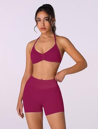 ABOCIW Womens Seamless Workout Sets 2 Piece Strappy Halter Sports Bra Scrunch Butt Shorts Gym Yoga Outfits thumbnail 3