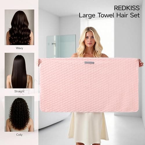 REDKISS 2 Pack Microfiber Hair Towels - Extra Large Hair Towel Wrap for Women, 24x42 inch Pink Hair Towels with Elastic Strap, Super Soft Blue Hair Drying Towels Curly Anti Frizz Turbans thumbnail 3